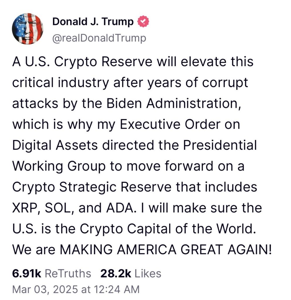 トランプ氏、暗号資産戦略準備金を発表！XRP・SOL・ADAの未来は？