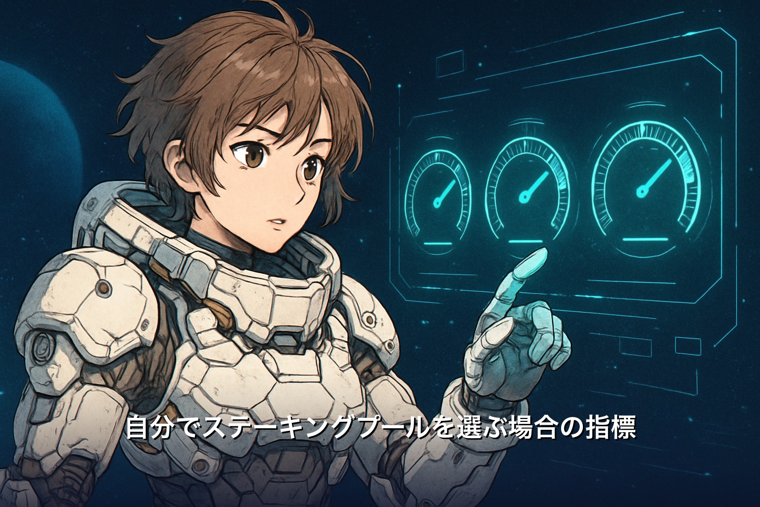 カルダノのステーキングプールを選ぶ際の飽和度・手数料・利回りの指標を示すダッシュボードのイラスト