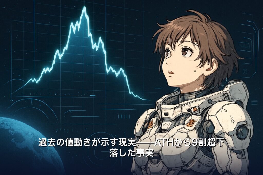 エイダコインがATH(最高値)から9割超下落した価格推移を示すチャートのイラスト