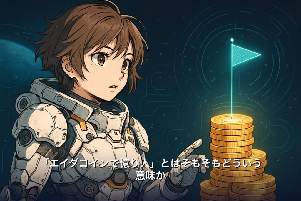 エイダコインで億り人になるとはどういう意味かを表す、目標地点を目指すコインの山のイラスト
