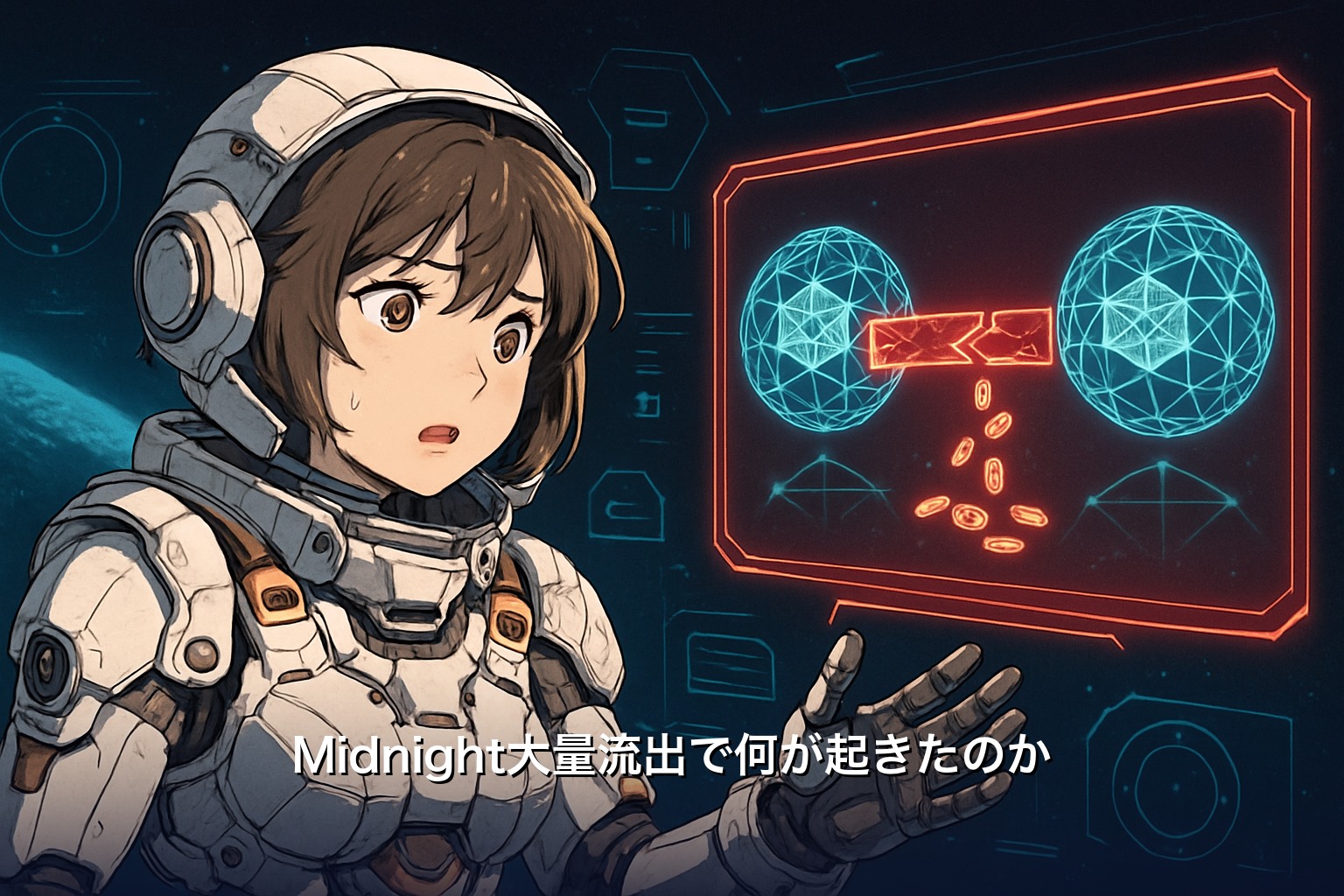 Midnight大量流出事件の経緯を解説するイラスト(約5億1,500万NIGHTがWanchainブリッジから流出)