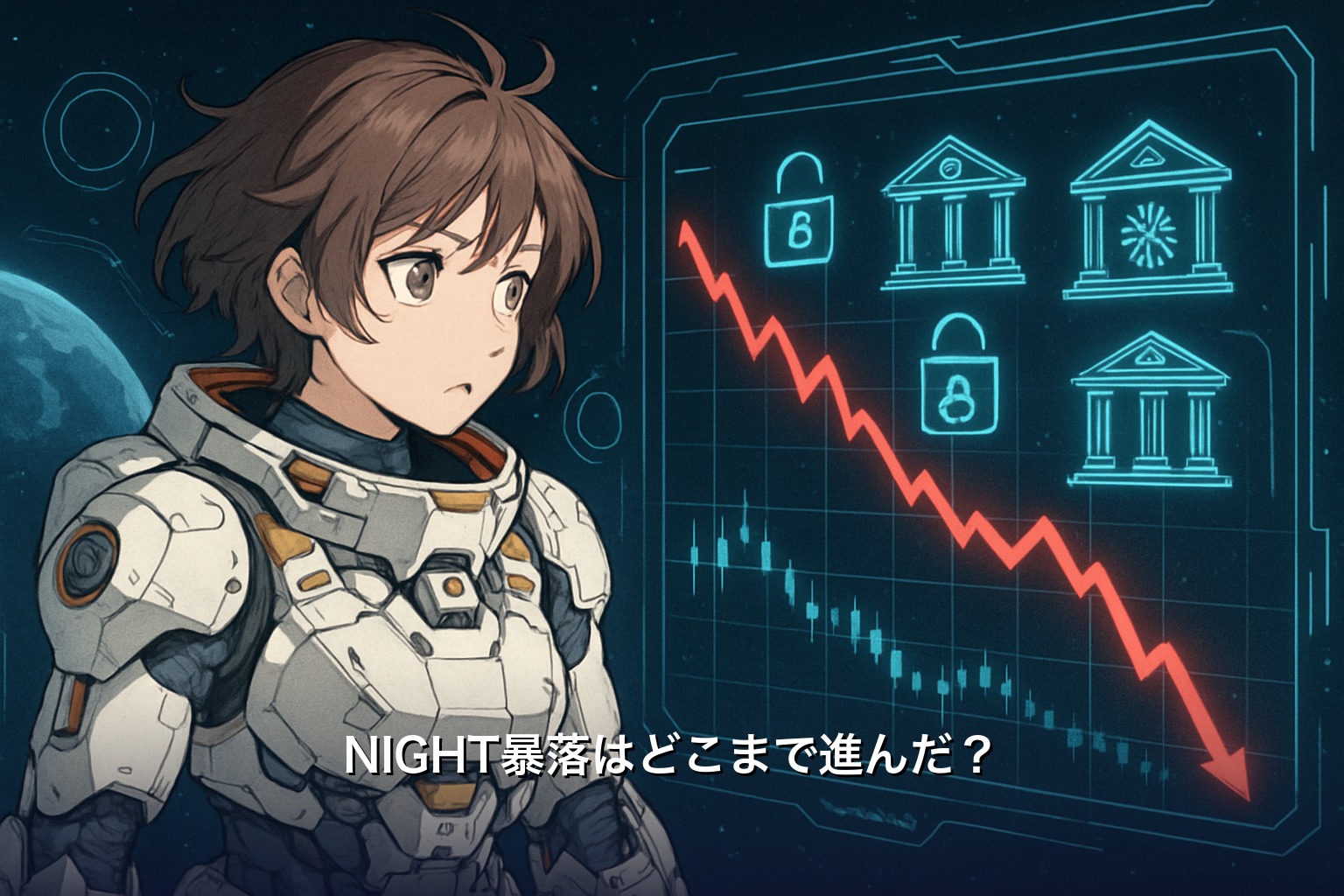 NIGHT暴落の価格への影響と7つの海外取引所の凍結対応を解説するイラスト
