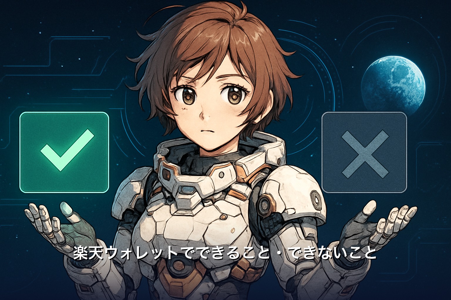 楽天ウォレットでできることとできないことを比較する、チェックとバツのパネルのイラスト