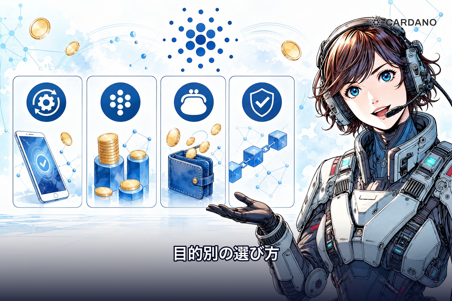 ADAステーキングの取引所選びを手間・対象銘柄数・手取り・取扱い継続の4つの軸で判断することを示すイラスト