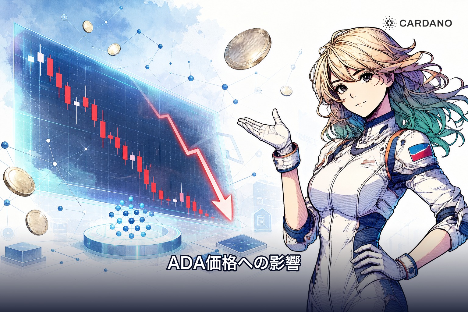 クラリティ法案否決を受けてADA価格が急落したことを示すローソク足チャートのイラスト