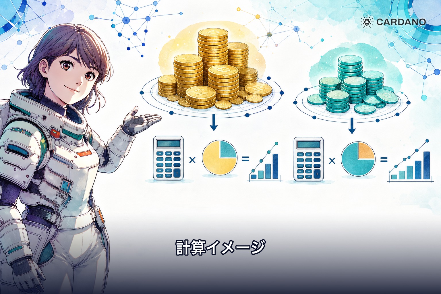 ADAステーキング報酬50万円は総合課税、売却益30万円は分離課税20%で計算する例を示すイラスト