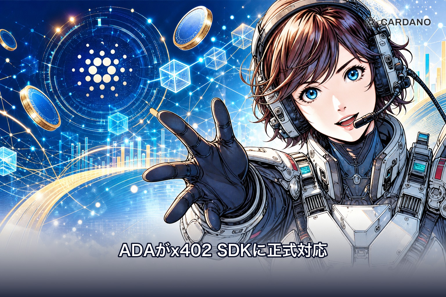 カルダノ（ADA）がAIエージェント向け決済規格x402の公式SDKに正式対応したことを解説する記事のアイキャッチ画像