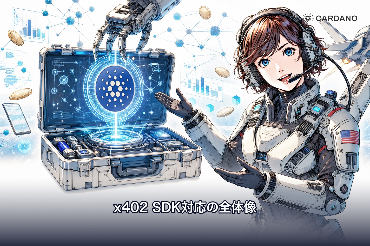 カルダノ（ADA）がx402公式SDKの標準部品として加わったことを示すイラスト