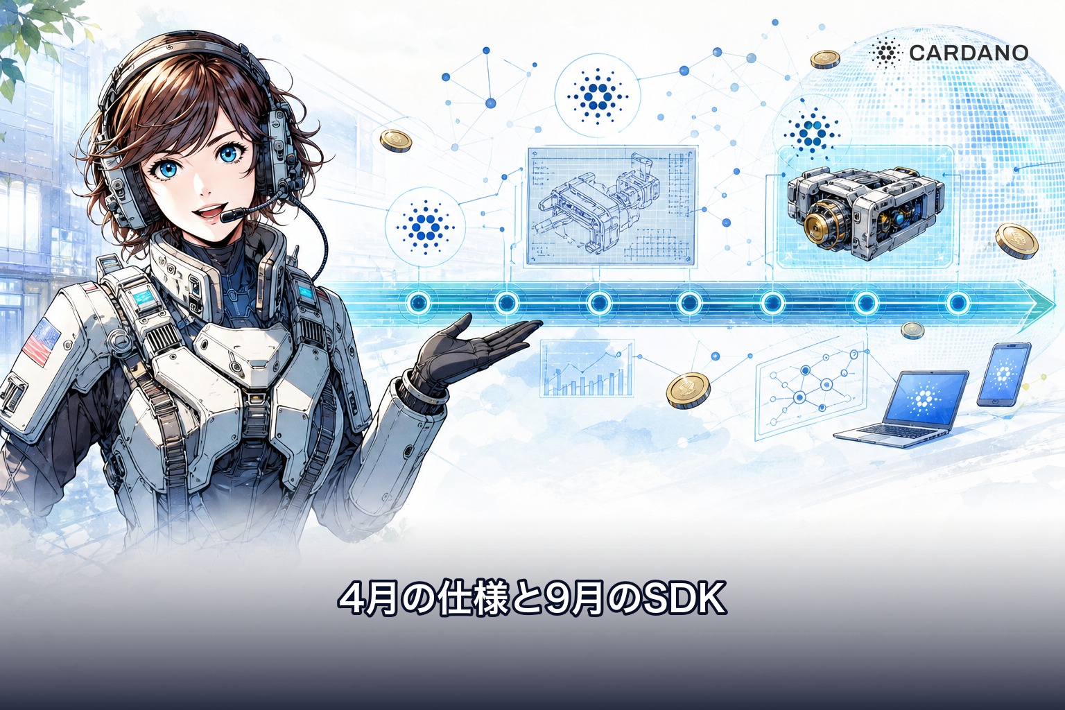 2026年4月のx402カルダノ仕様採用から9月のSDK公開までの時系列を示すイラスト