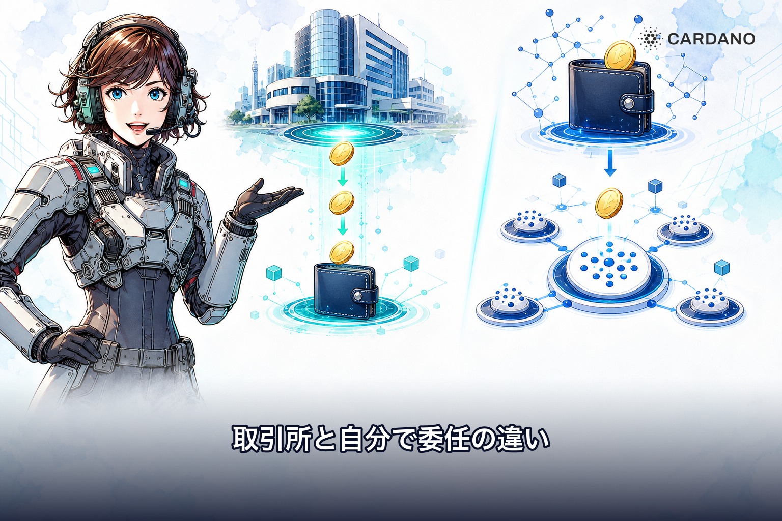取引所ステーキングと自分のウォレットからステークプールへ委任する方法の引かれ方の違いを示すイラスト