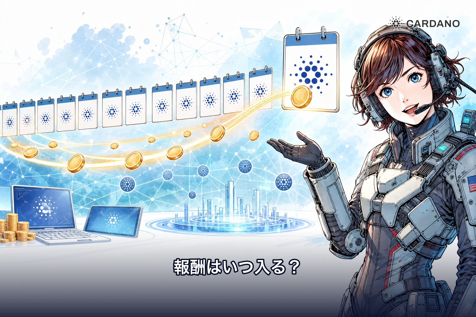 ADAステーキング報酬の算定期間が毎月1日から末日までで付与が翌月15日までであることを示すイラスト